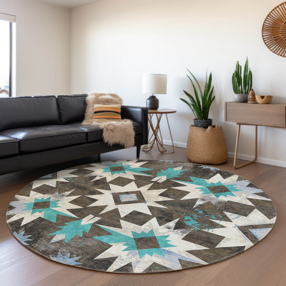 Machine Washable Indoor/Outdoor Chantille ACN1893 Brown 8' x 8' Round Rug