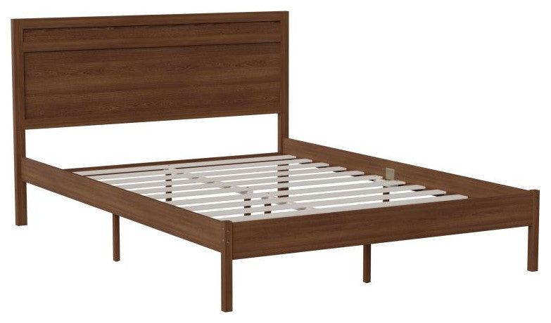 Kingston Solid Wood Platform Bed with Wooden Slats and Headboard, Brown, Queen