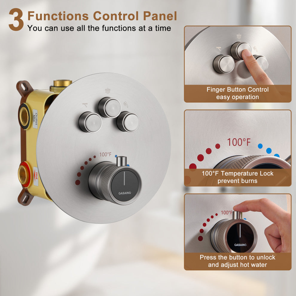 22" Luxury Shower System Set with 3 Way Thermostatic Faucet, Brushed Nickel
