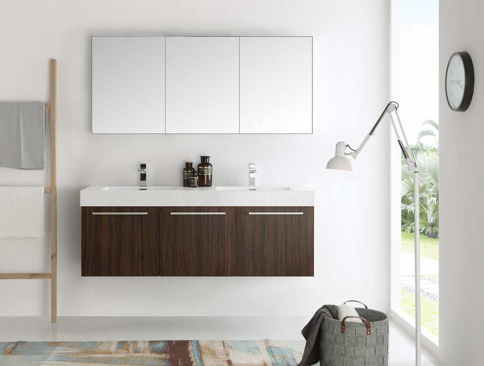 Vista 60" Walnut Wall Hung Double Sink Modern Bathroom Vanity, FFT3811CH