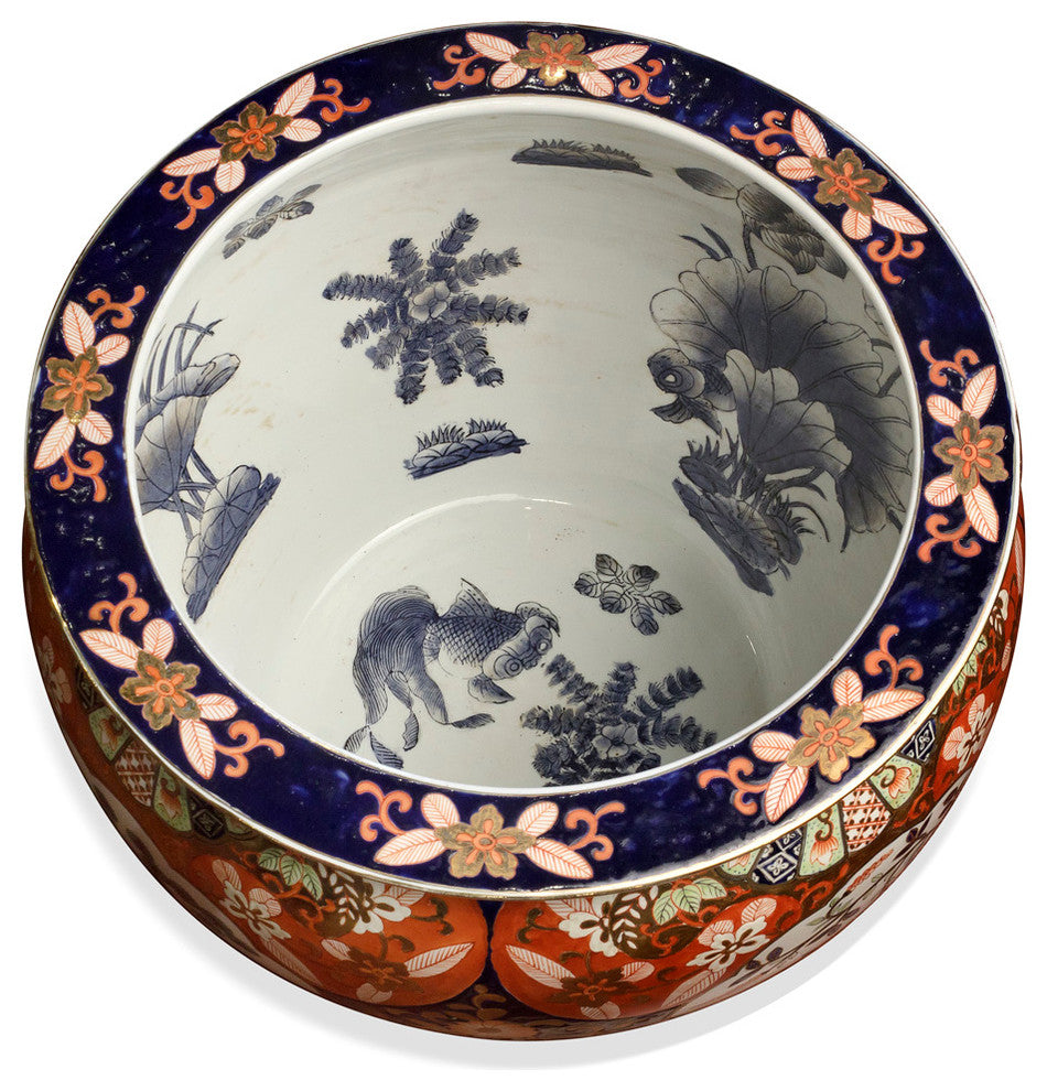 16" Bird and Flower Motif Porcelain Fishbowl Planter, With Wooden Stand