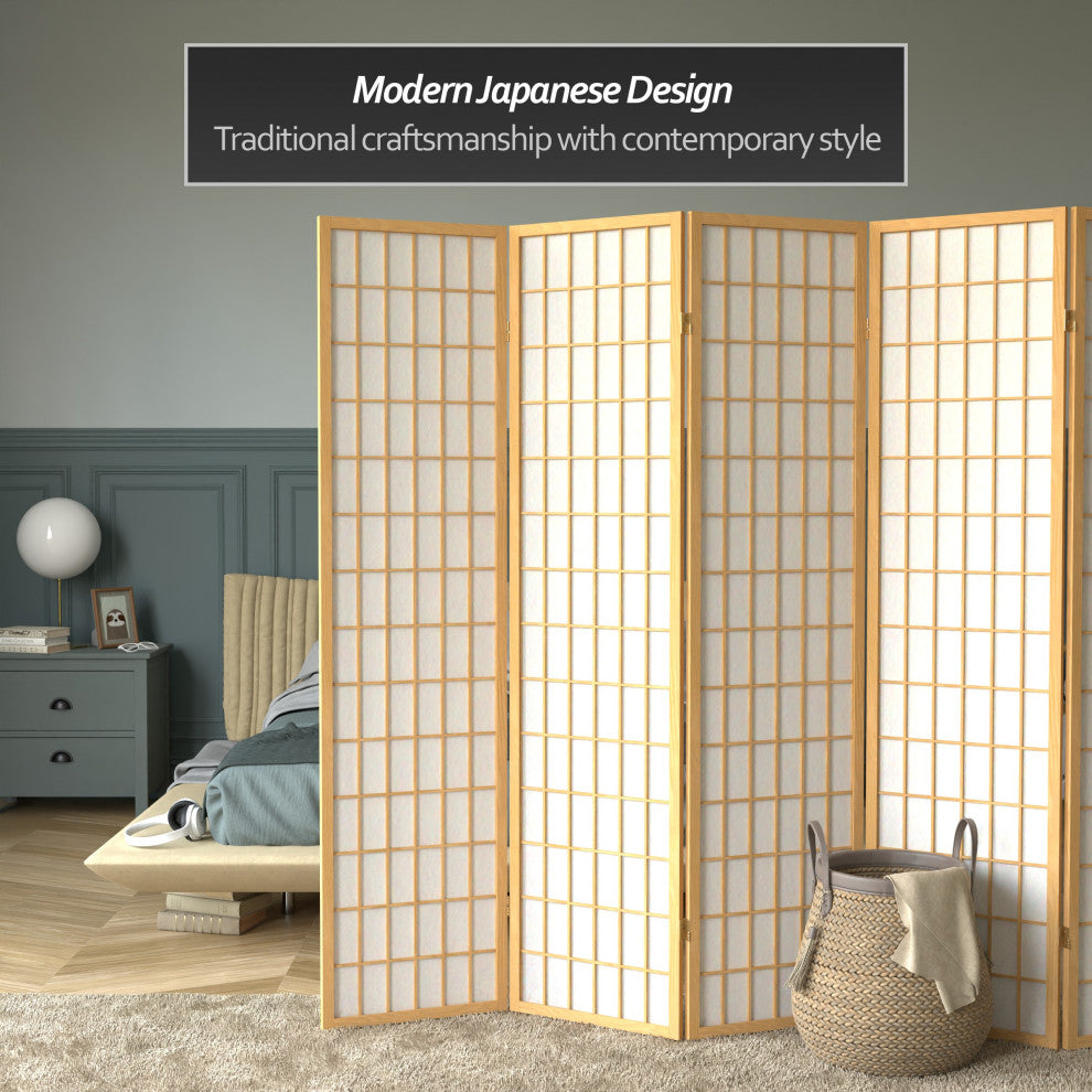 6' Tall Window Pane Shoji Screen, Natural, 6 Panels