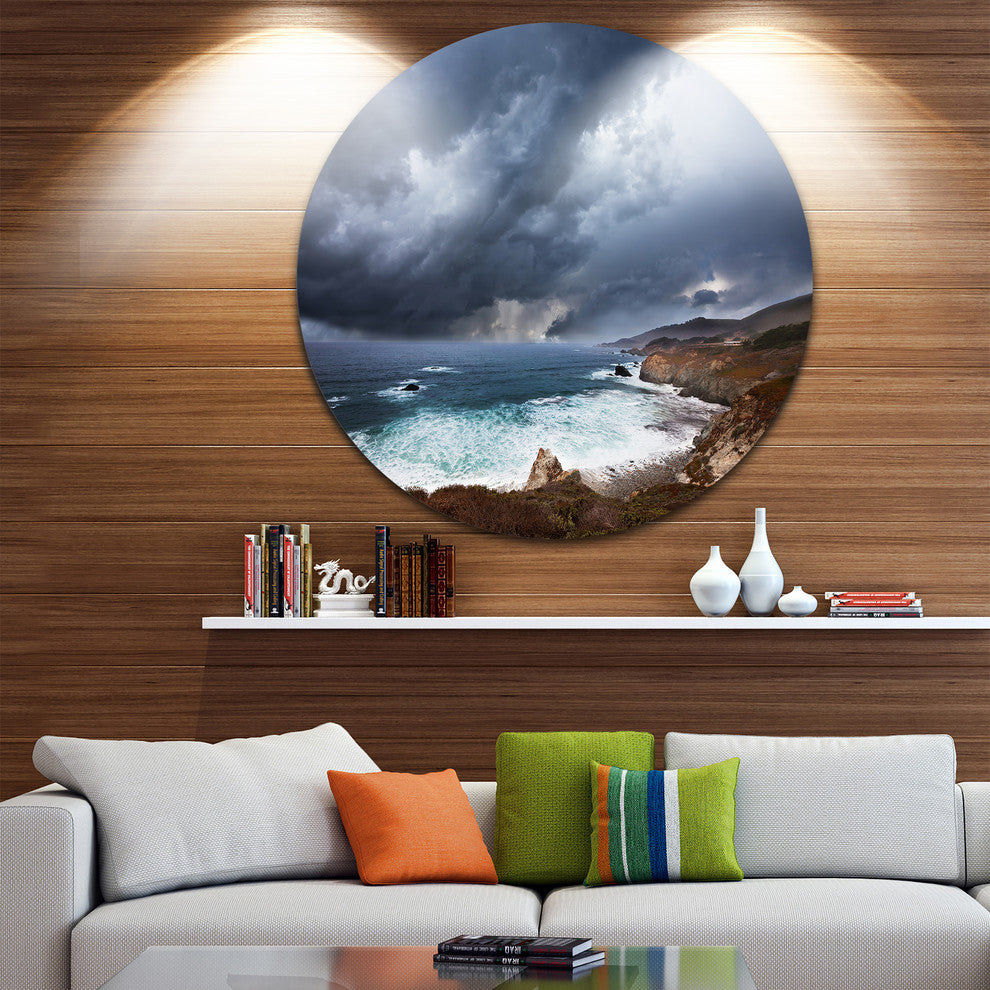 Heavy Blue Clouds And Waves, Modern Beach Round Wall Art, 11"