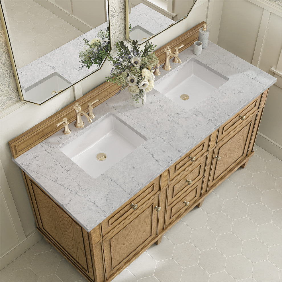 Lorelai 60" Double Vanity, Light Natural Oak, 3 CM Eternal Jasmine Pearl Top