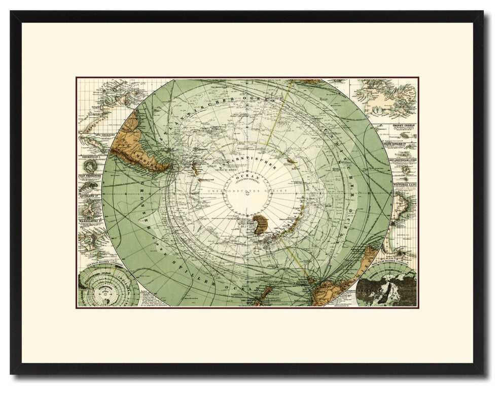 Antarctica, South Pole Vintage Map Print On Canvas With Picture Frame 16" X 21"