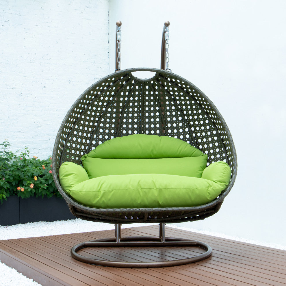 2 Person Beige Wicker Double Hanging Egg Swing Chair, Light Green