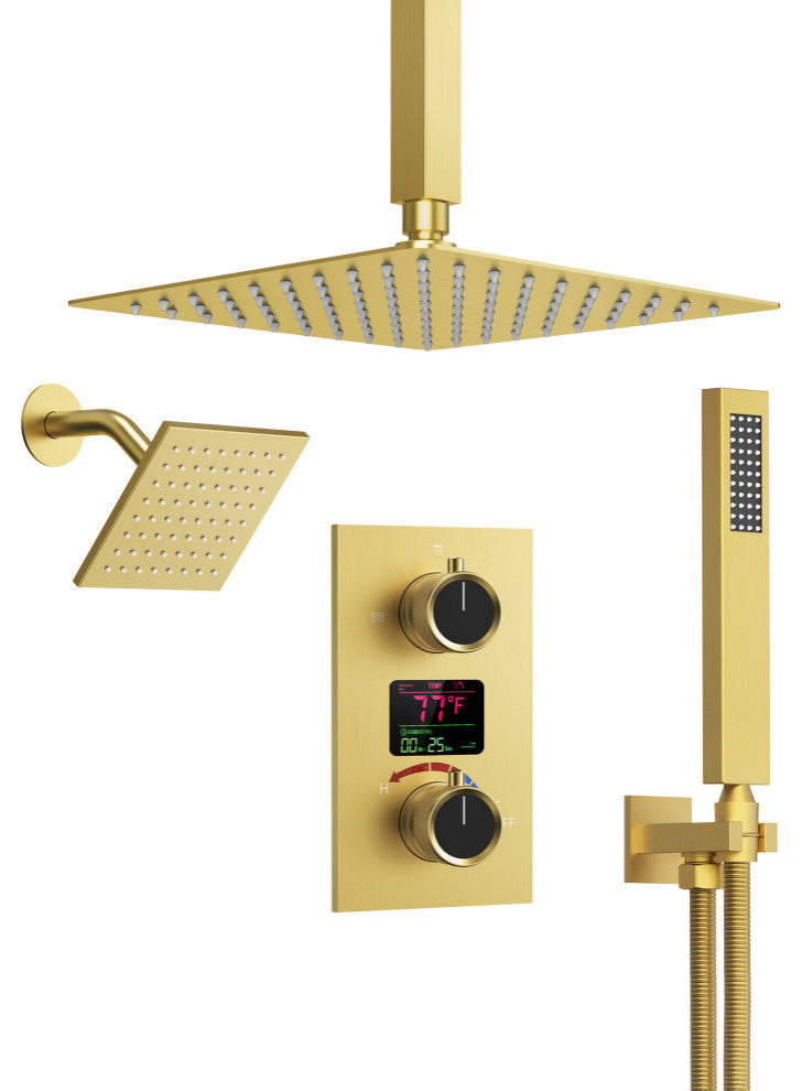 Dual Showerheads 12" Digital Display Shower System, Brushed Gold
