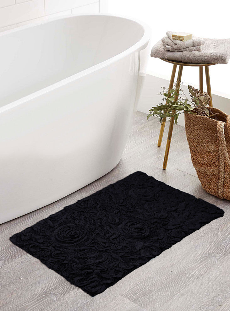 Bell Flower Collection Cotton Bath Rug, 21"x34", Black