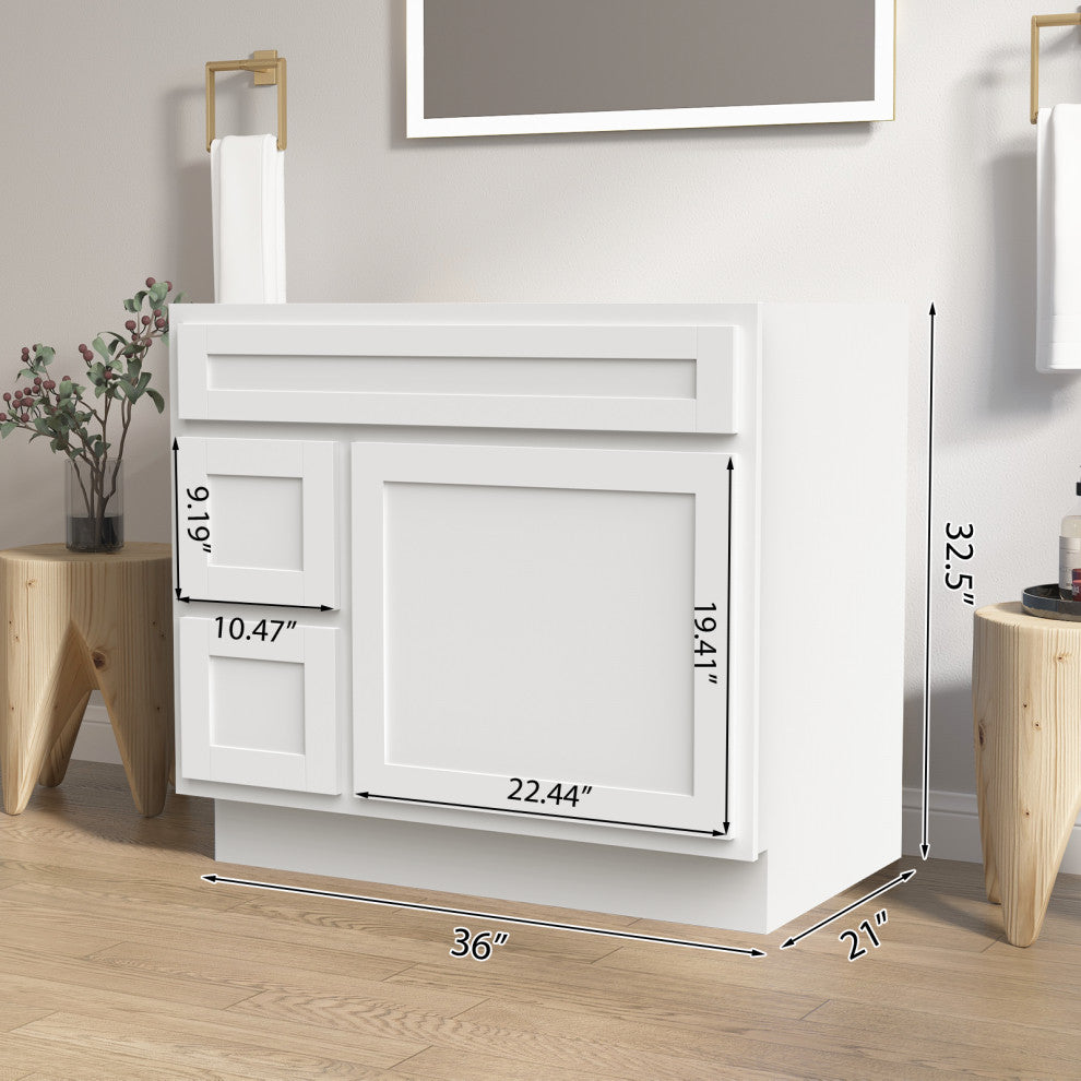 Vanity Art Vanity Base Cabinet, No Top, Drawers on Left, 36", White