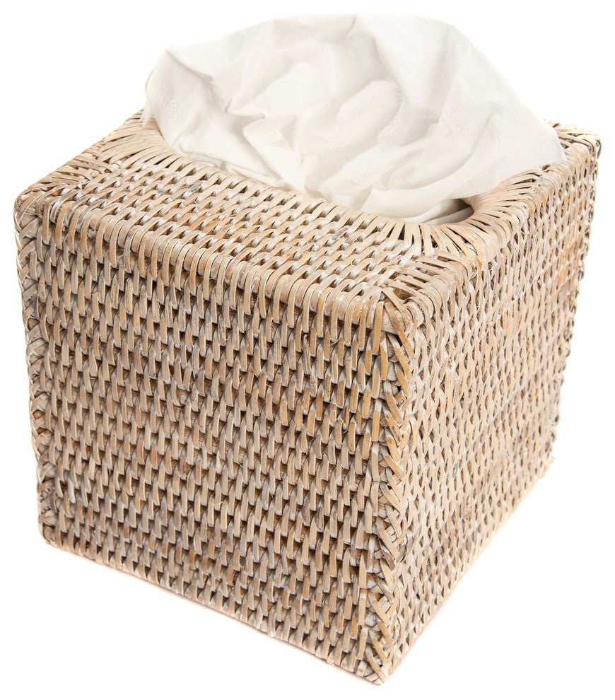 Artifacts Rattan Column Tissue Box Cover, White Wash