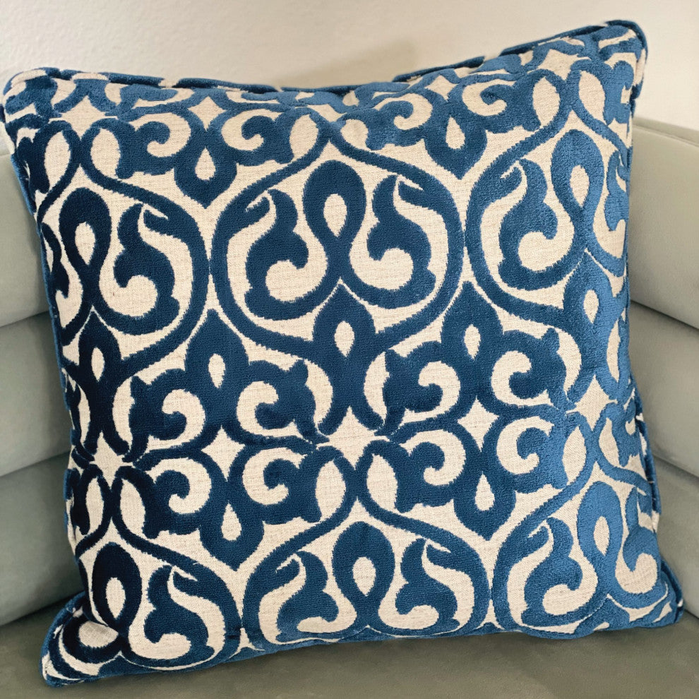 Plutus Velvety French Medallion Blue and Off White Geometric Luxury Throw Pillow, Double Sided  12"x25"