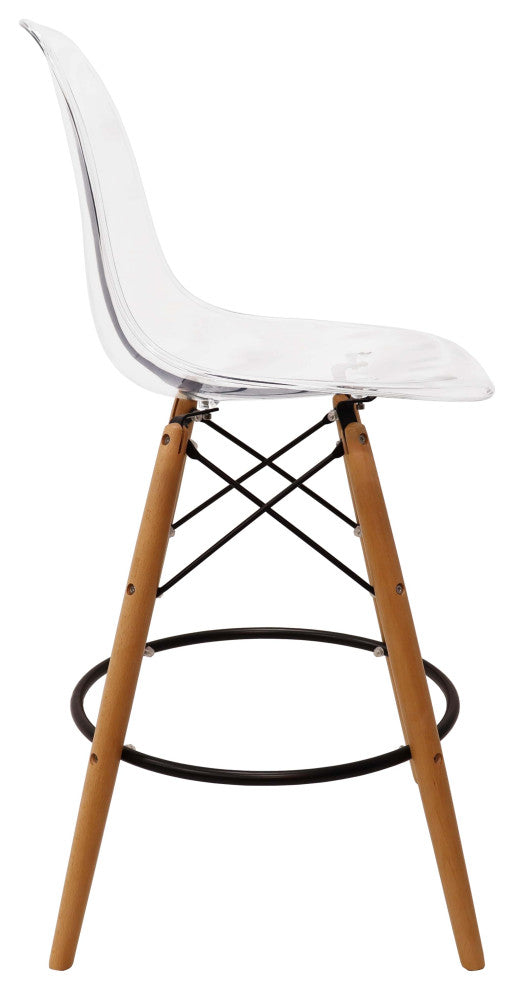 LeisureMod Dover Plastic Barstool With Beech Wood Legs and Footrest, Clear