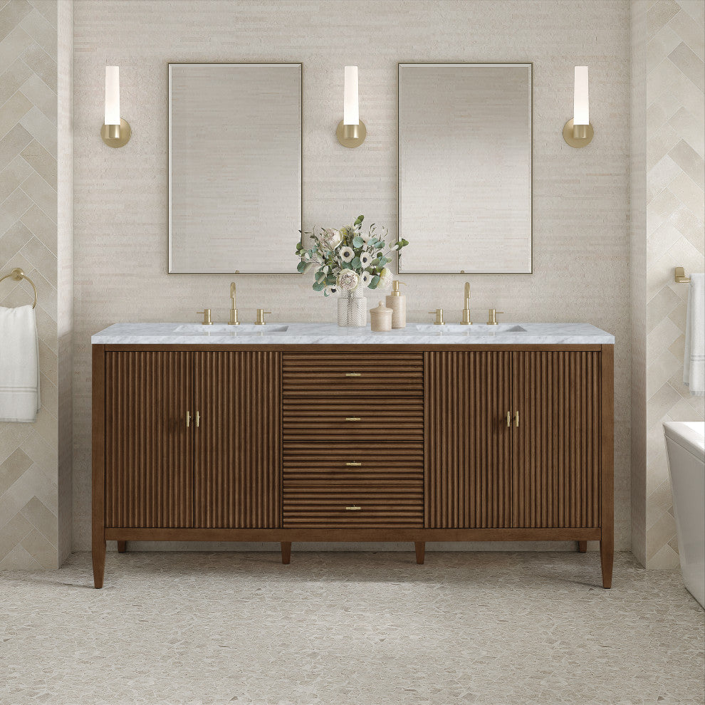 Myrrin 72" Double Vanity, Mid Century Walnut, 3 CM Carrara White Marble Top