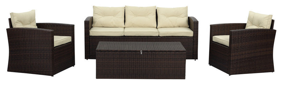 Rio 4-Piece Dark Brown Wicker Conversation Set With Storage and Cushions