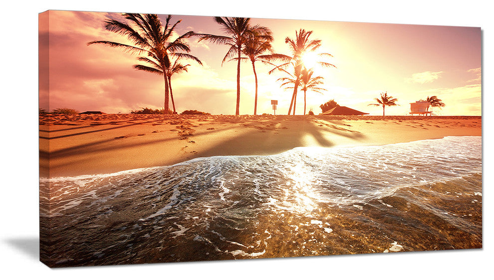 "Colorful Tropical Beach With Palms" Modern Beach Canvas Art Print, 32"x16"