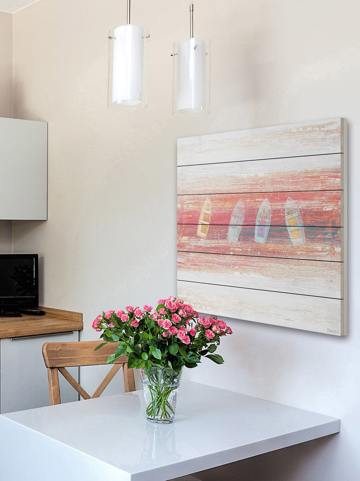 "Four Small Boats" Painting Print on White Wood, 40"x40"