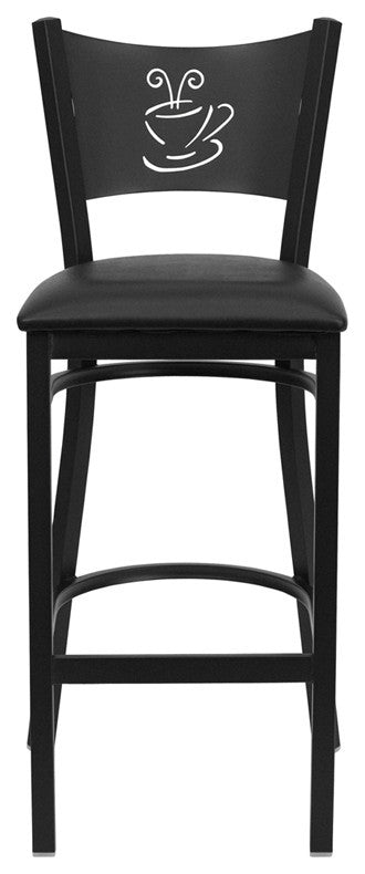 Black Coffee Back Metal Restaurant Barstool, Black Vinyl Seat