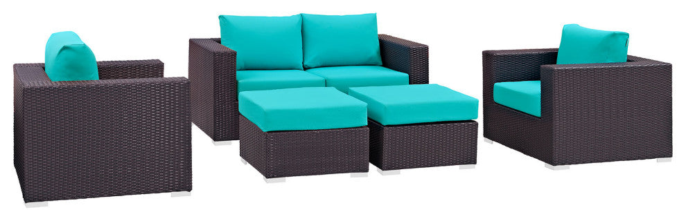 Espresso Turquoise Convene 5-Piece Outdoor Patio Sofa Set