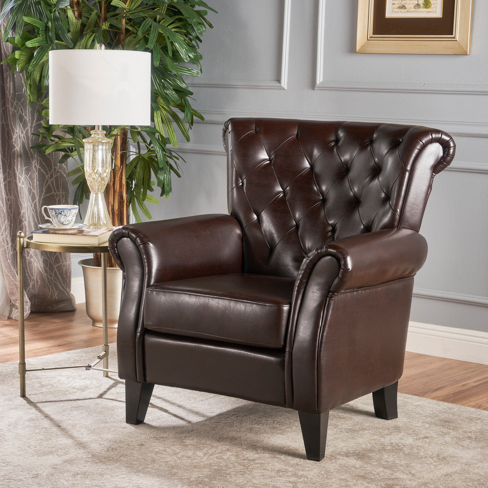 Solvang Contemporary Oversized Tufted Leather Club Chair, Hazelnut Brown