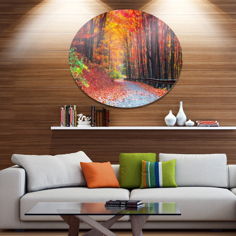 Road In Beautiful Autumn Forest, Modern Forest Round Wall Art, 36"