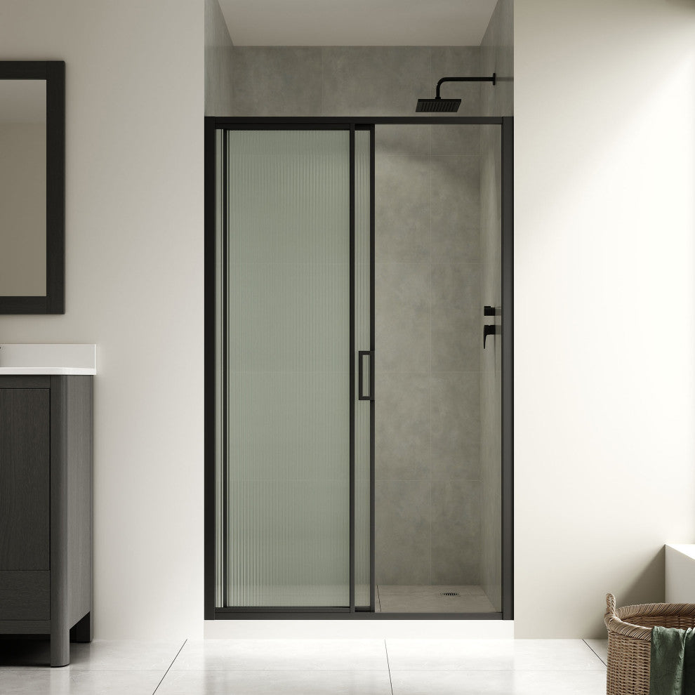 Stanford Sliding Fluted Alcove Shower Door, Black, Fluted Glass, 48"