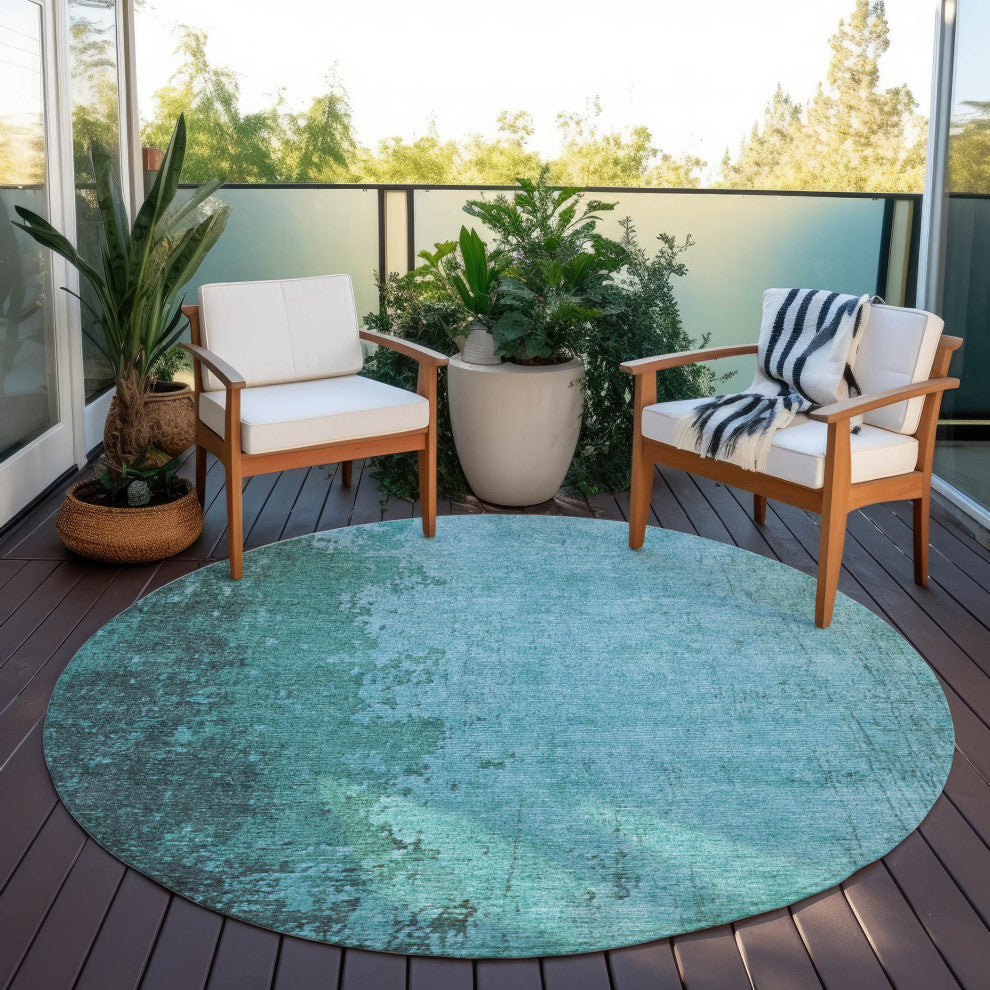 Machine Washable Indoor/Outdoor Chantille ACN1904 Teal 8' x 8' Round Rug