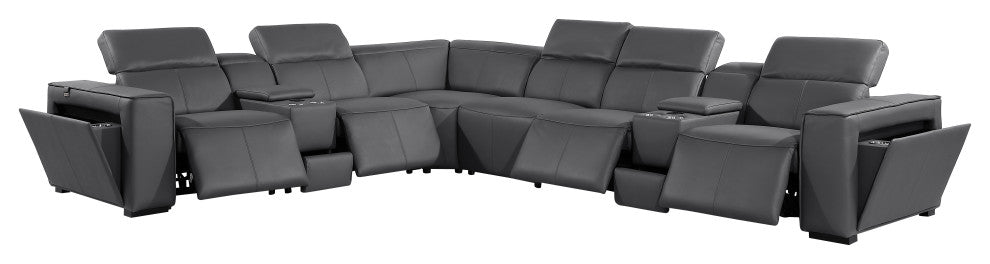 Niccolo Italian Leather 8-Piece L-Shaped Power Reclining Sectional, Dark Gray