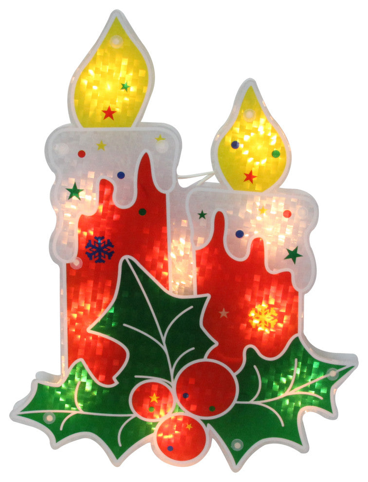 12" Holographic Lighted Berry Candle Christmas Window Silhouette
