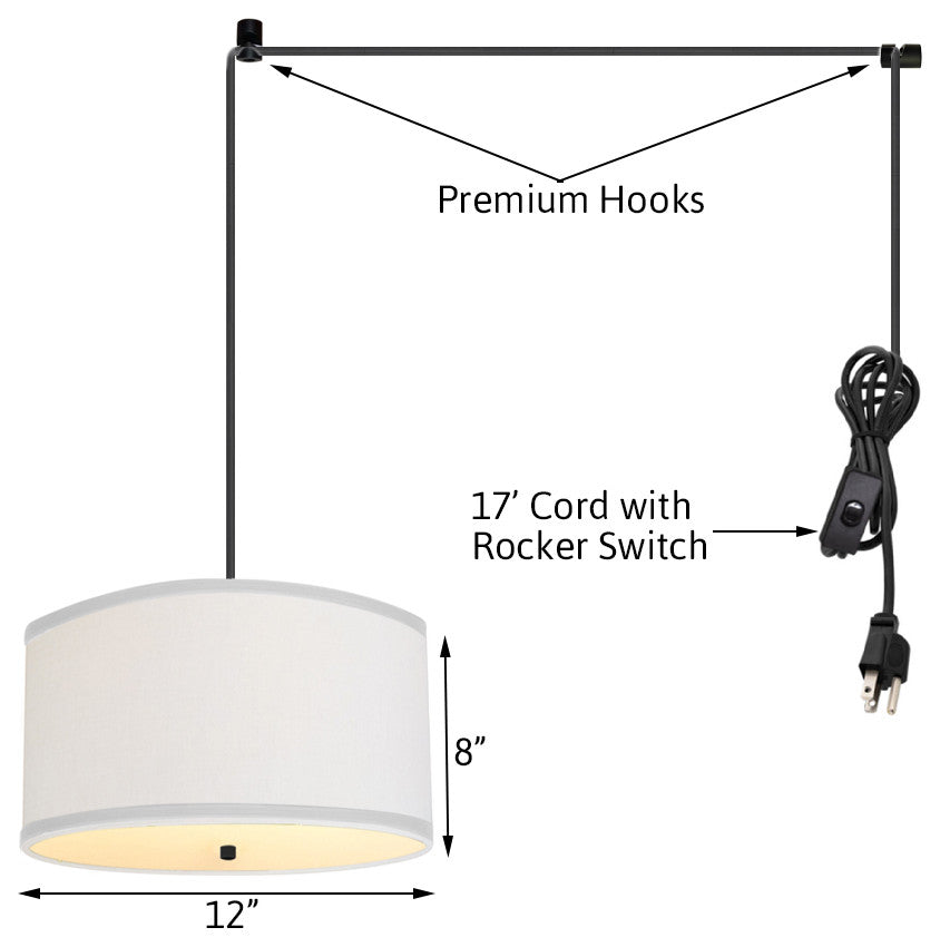 2 Light Swag Plug-In Pendant 18"w White Linen with Diffuser, Black Cord
