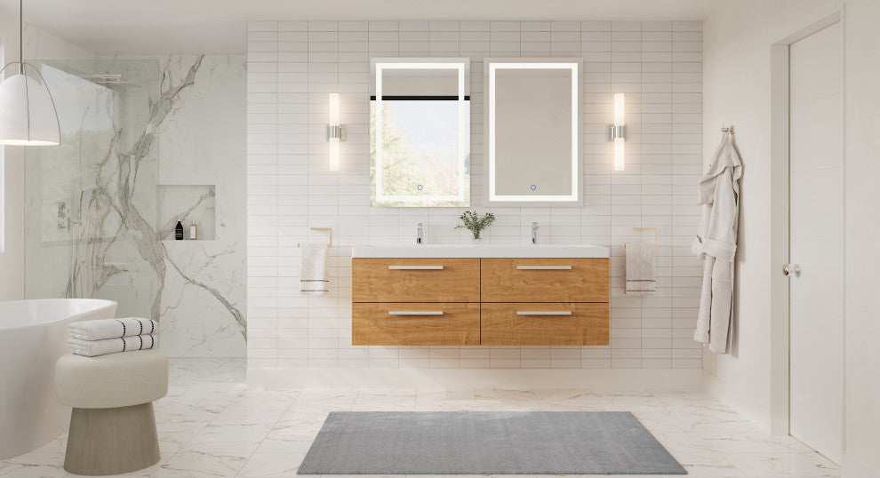 The Aeris Bathroom Vanity, Oak, 55", Double Sink, Wall Mount