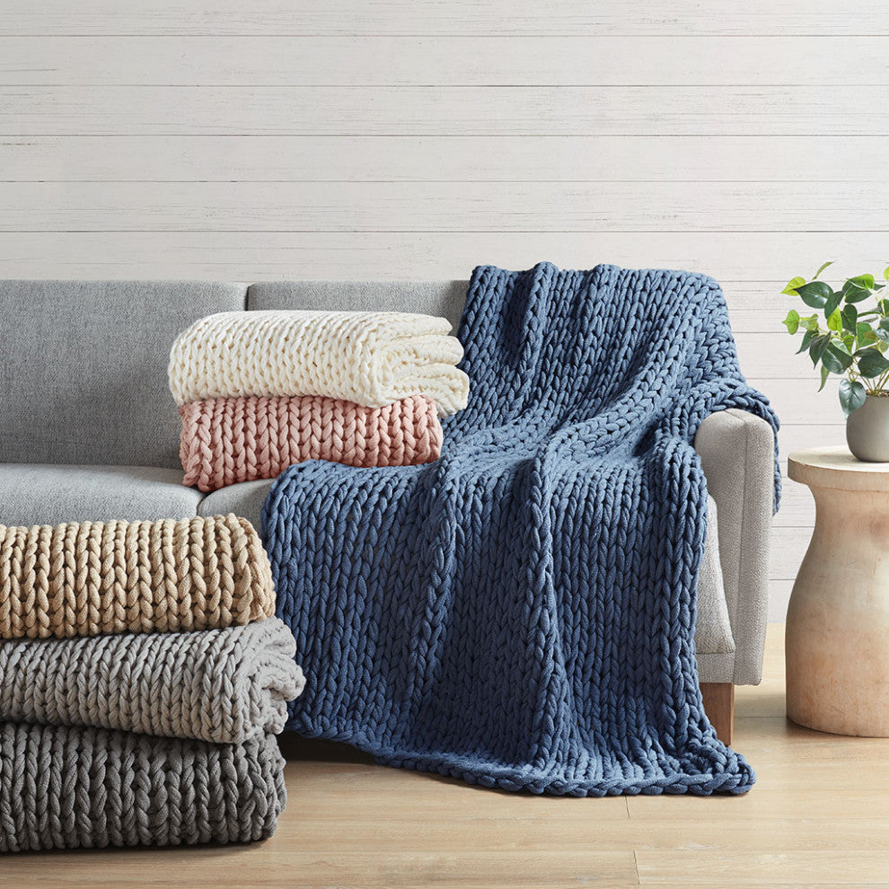 Madison Park Chunky Double Knit Handmade Throw Blanket, Blush, Navy Blue