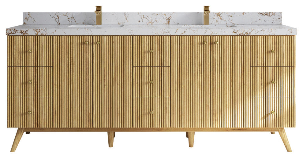 Pasadena 84 Double Sink Bath Vanity in Light Natural Teak 2" Viola Gold