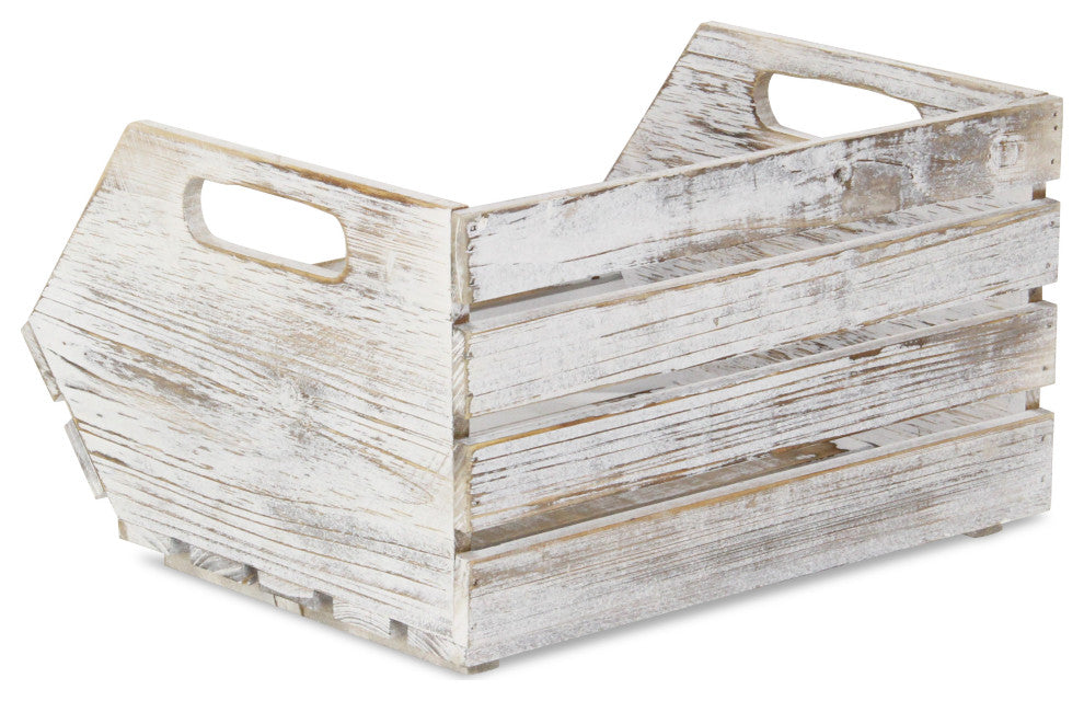 Wood Slat Stackable Storage With Side Handles, Gray Wash