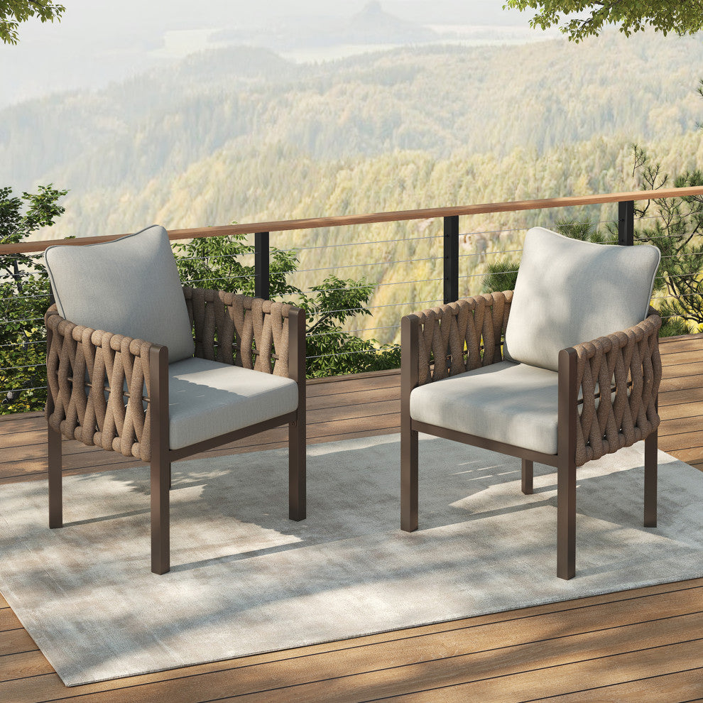 GDF Studio Outdoor Rope Weaving Club Chair With Cushion, Metal Frame, Set of 2