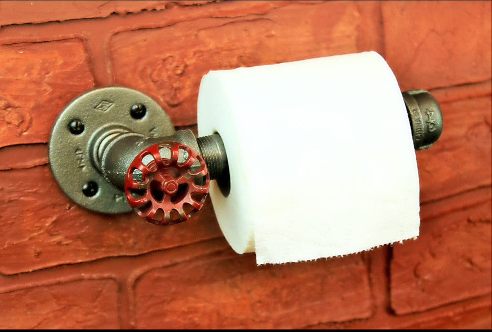 Industrial Pipe Toilet Paper Holder, Black Pipe, 1-Roll, Red Hose Knob