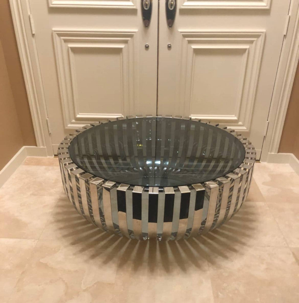 Modrest Cage Modern Stainless Steel Round Coffee Table With Glass Top