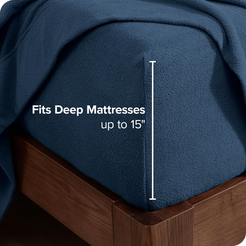 Bare Home Fleece Fitted Bottom Sheet, Dark Blue, Queen