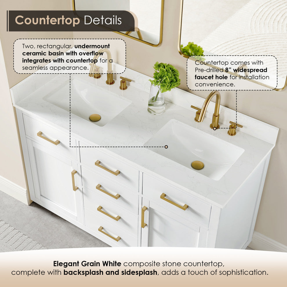 Gavino Vanity With Grain White Composite Stone Top, White/Brushed Gold, 54", No Mirror