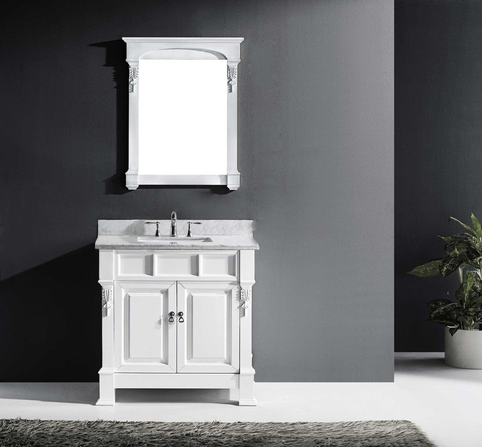 Virtu Huntshire 36" Single Bathroom Vanity, White With Faucet and Mirror
