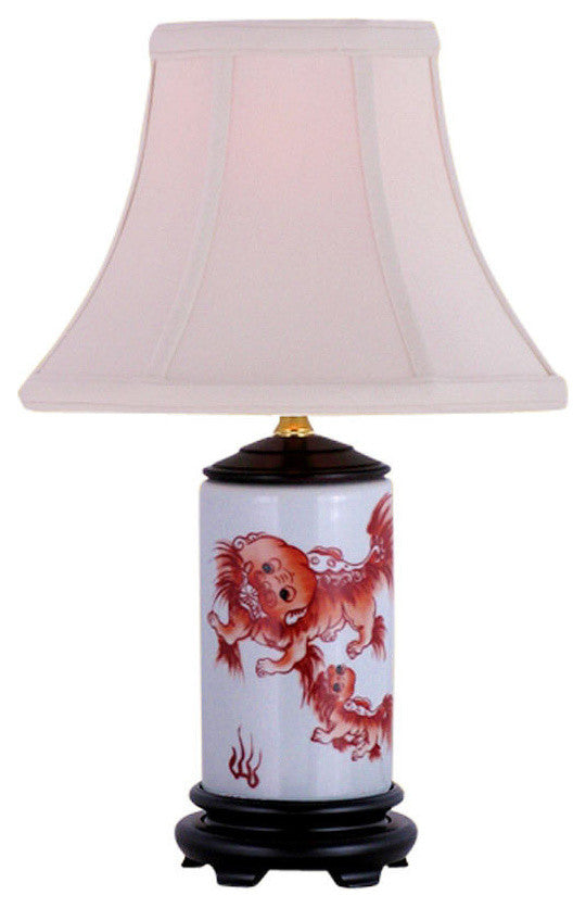 Orange and White Foo Dog Porcelain Vase Table Lamp 15"