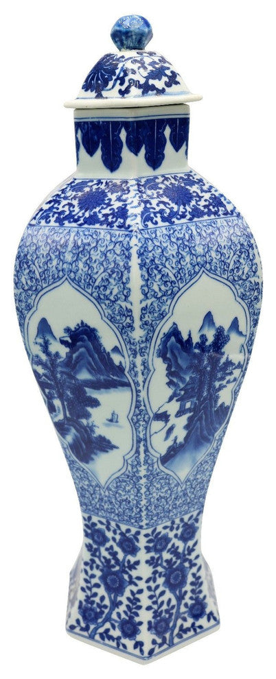 Blue and White Hexagonal Landscape Porcelain Temple Jar 16"