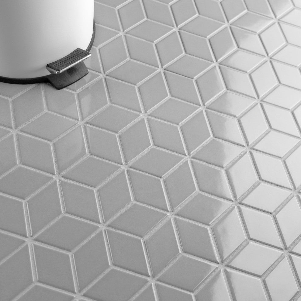 Metro Rhombus Mosaic Floor and Wall Tile, Glossy Light Gray