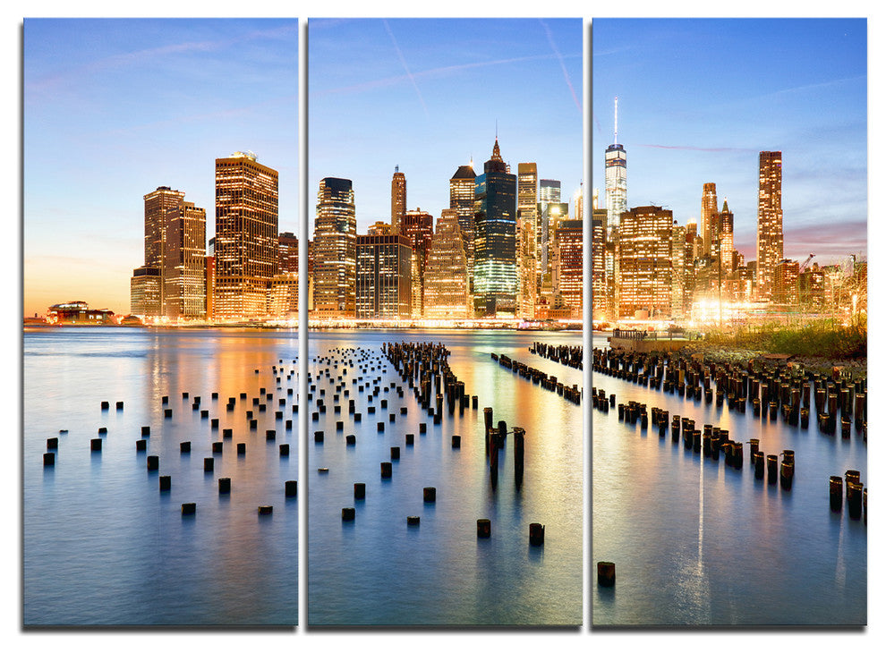 "Illuminated New York Skyscrapers" Metal Wall Art, 3 Panels, 36"x28"