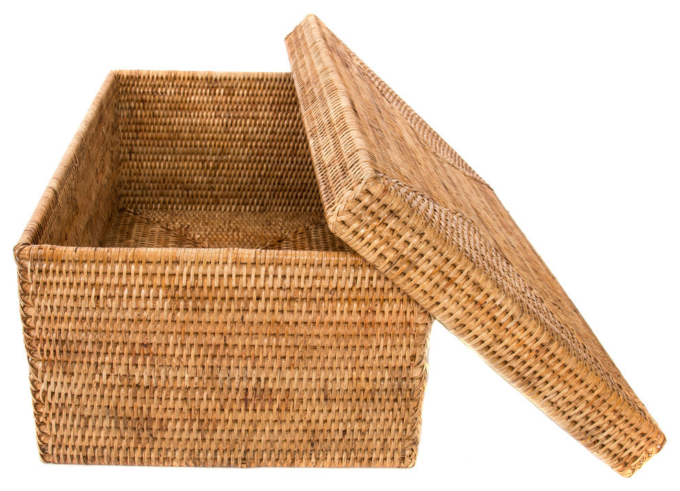 Artifacts Rattan Rectangular Storage Box With Lid, Honey Brown, 14"x10"x6"