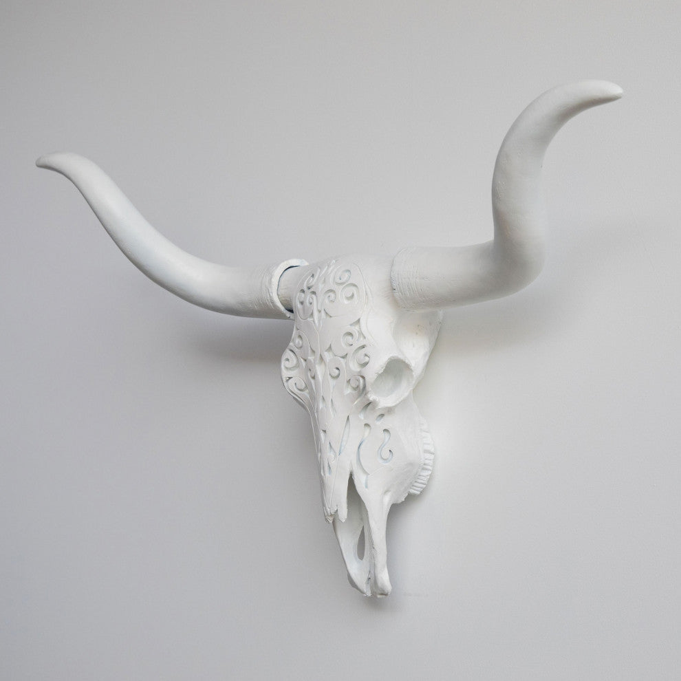 Faux Large Carved Texas Longhorn Wall Decor, Flat White