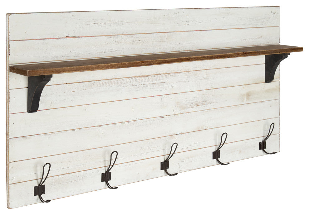 Kate and Laurel Jeran Wood Wall Shelf With 5 Hooks, White