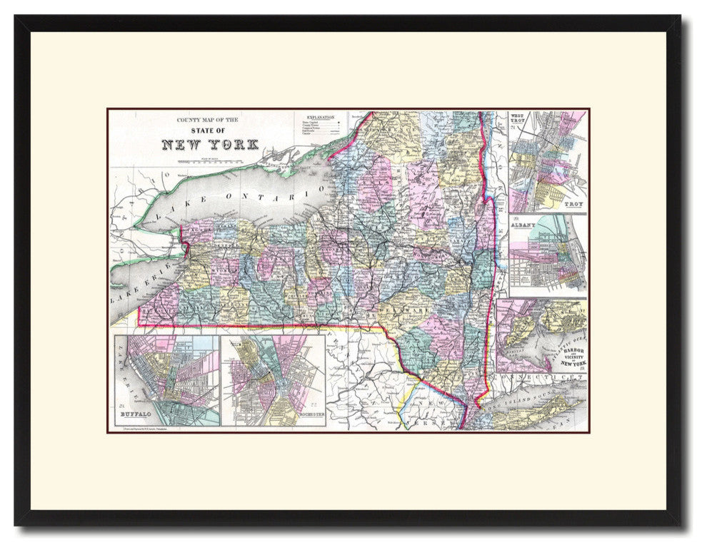 New York Vintage Map Print On Canvas With Picture Frame, 16" X 21"