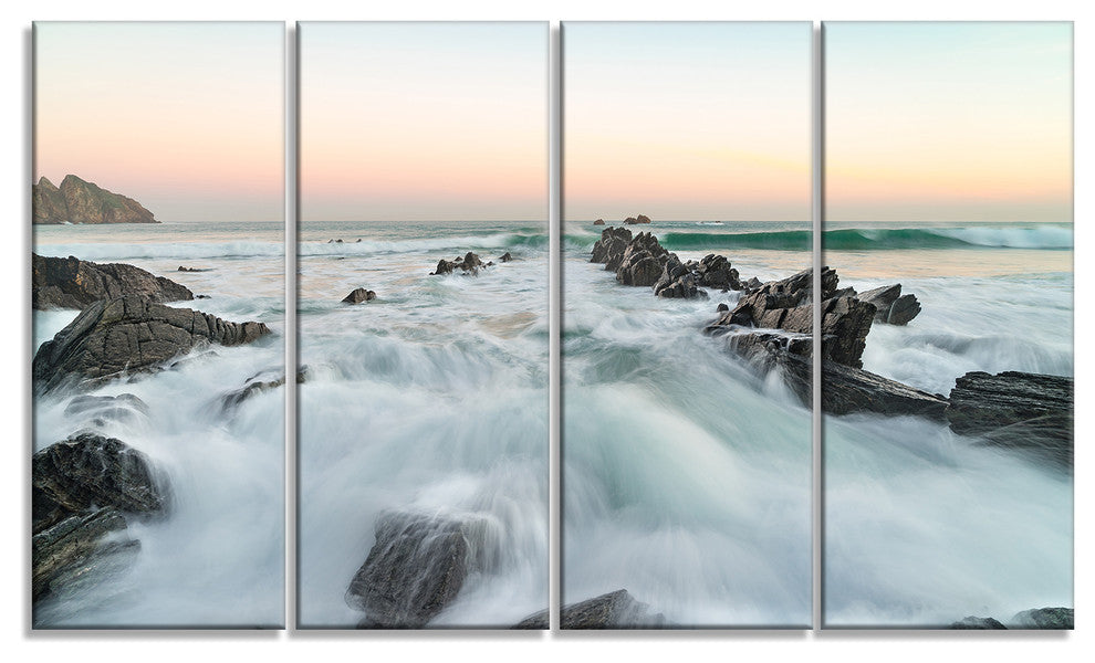 "Sunrise At The Bay of Biscay" Modern Beach Canvas Art Print, 4 Panels, 48"x28"