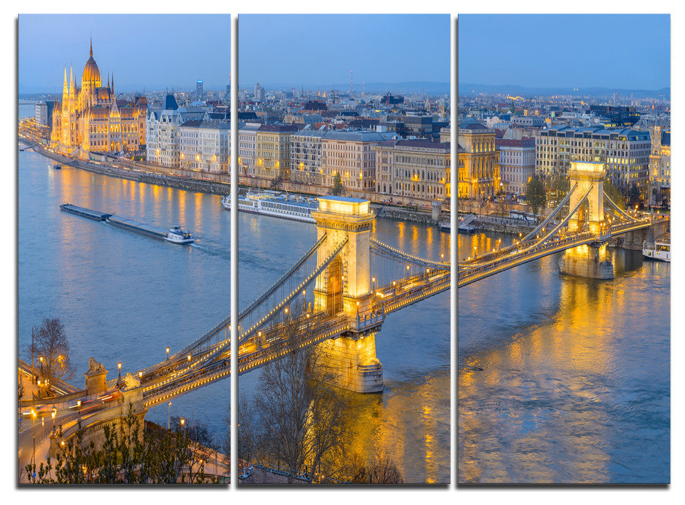 "Chain Building and Parliament in Budapest" Wall Art, 3 Panels, 36"x28"