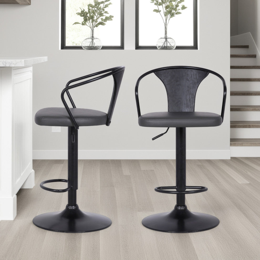 Eagle Adjustable Barstool, Black Powder Coated Finish With Black Faux Leather, Gray